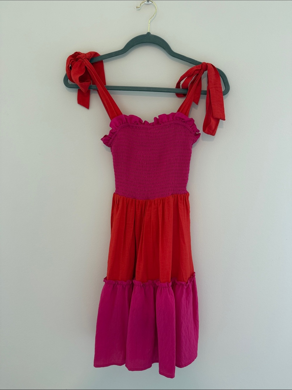 Hot Pink & Orange Tie-Shoulder Smocked Tiered Dress
